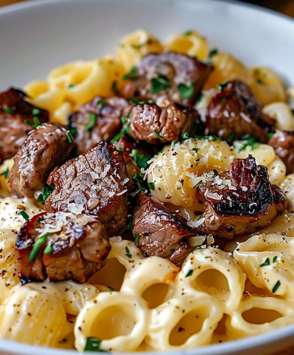Steak Bites und Muschelnudeln in Knoblauchbutter-Alfredo-Sauce