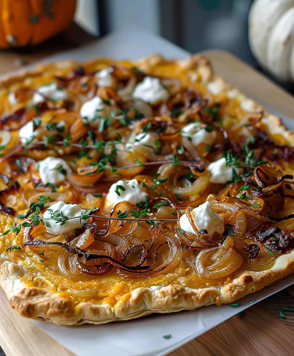 Kürbis Flammkuchen mit Karamellisierten Zwiebeln