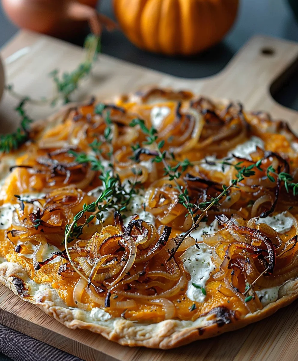 Kuerbis Flammkuchen: Karamellisierte Zwiebeln – Herbst-Genuss!