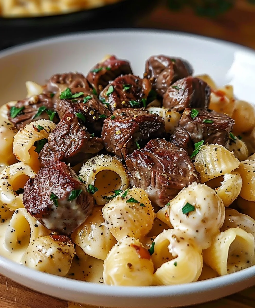 Steak Bites Muschelpasta: Knoblauchbutter-Alfredo-Genuss