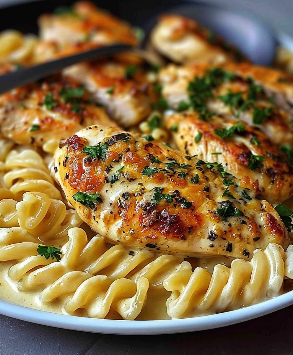 Cremiges Knoblauch-Parmesan Hähnchen & Käse-Twist Pasta