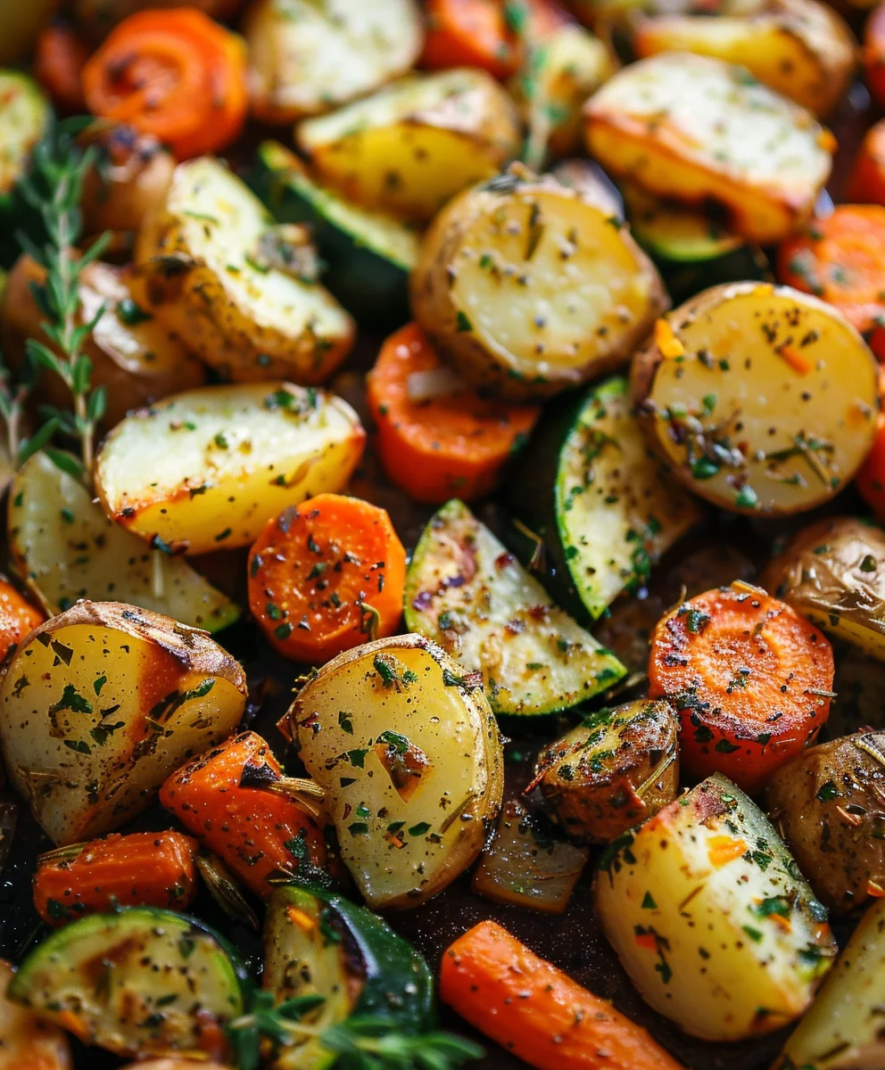 Knoblauch-Kräuter Ofengemüse: Kartoffeln, Karotten & Zucchini