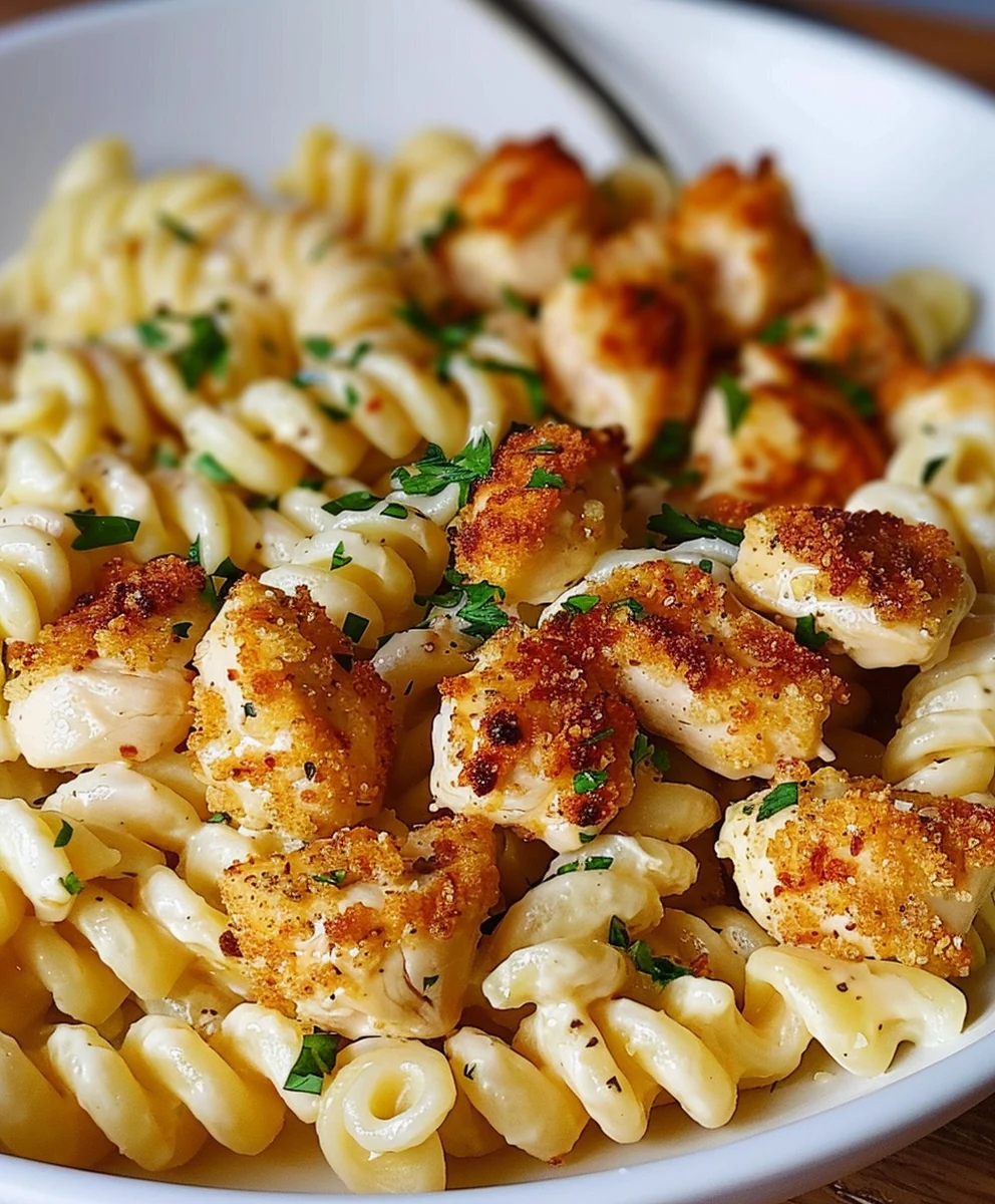 Leckere Knoblauch Parmesan Hähnchen Bites & cremige Rotini