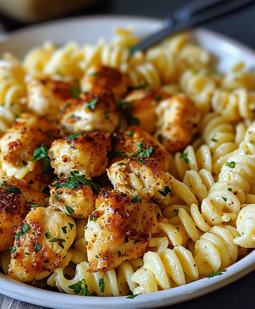 Leckere Knoblauch Parmesan Hähnchen Bites & cremige Rotini