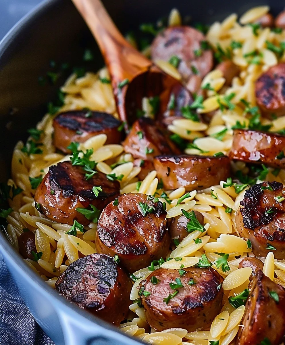 One Pot Rinderwurst mit Knoblauchbutter & Orzo: Einfach Genial!