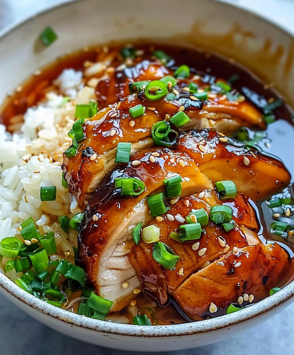 Karamell Hähnchen mit Knoblauch-Wacholder Brühe & Reis