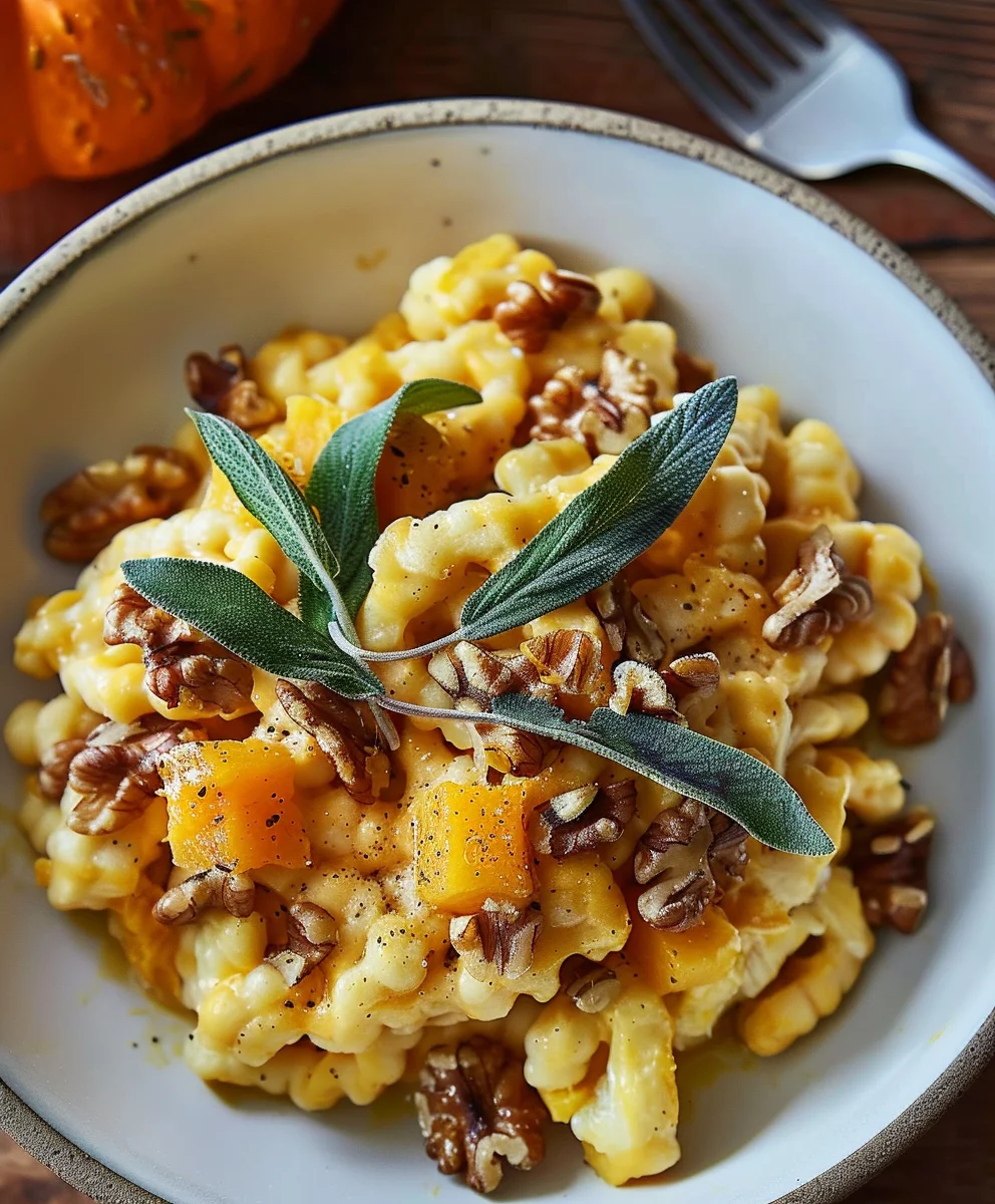 Cremige Kürbis-Spätzle mit Walnuss & Salbei – Ihr Herbstgenuss!