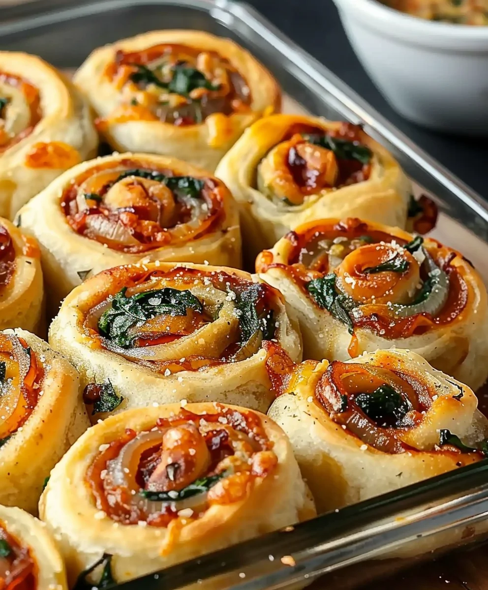 Vegane Pizza Rolls mit Karamellzwiebel & Spinat