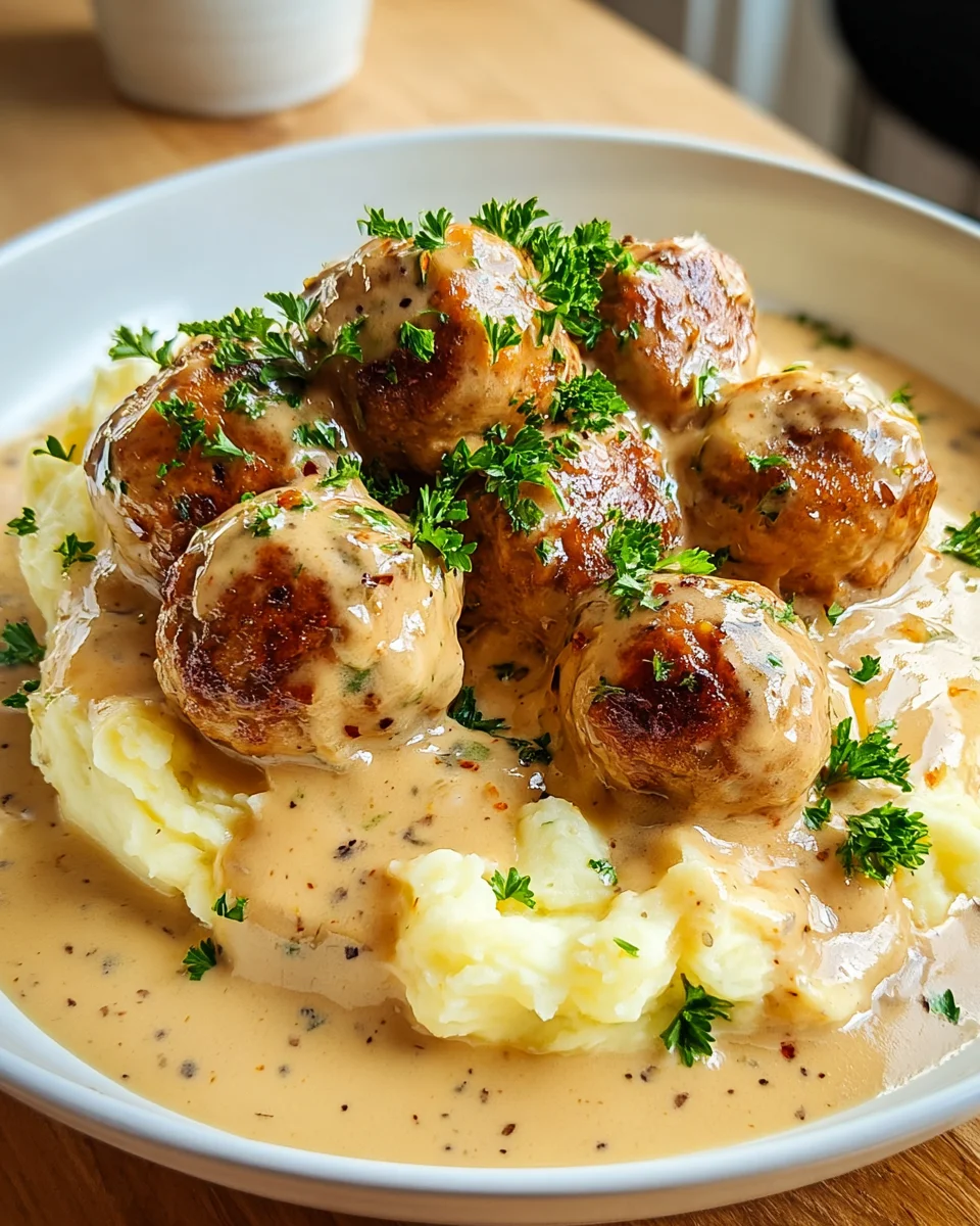 Saftige Hackbällchen in Rahmsauce & cremigem Kartoffelpüree