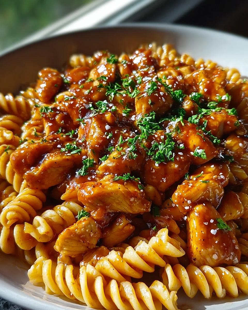 Einfache One Pot Honig-Knoblauch BBQ Hähnchen Pasta