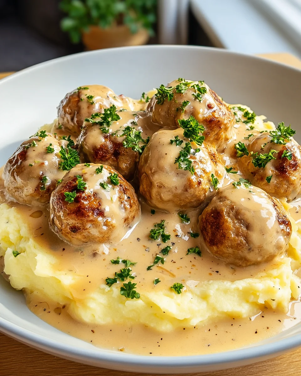 Saftige Hackbällchen in Rahmsauce & cremigem Kartoffelpüree