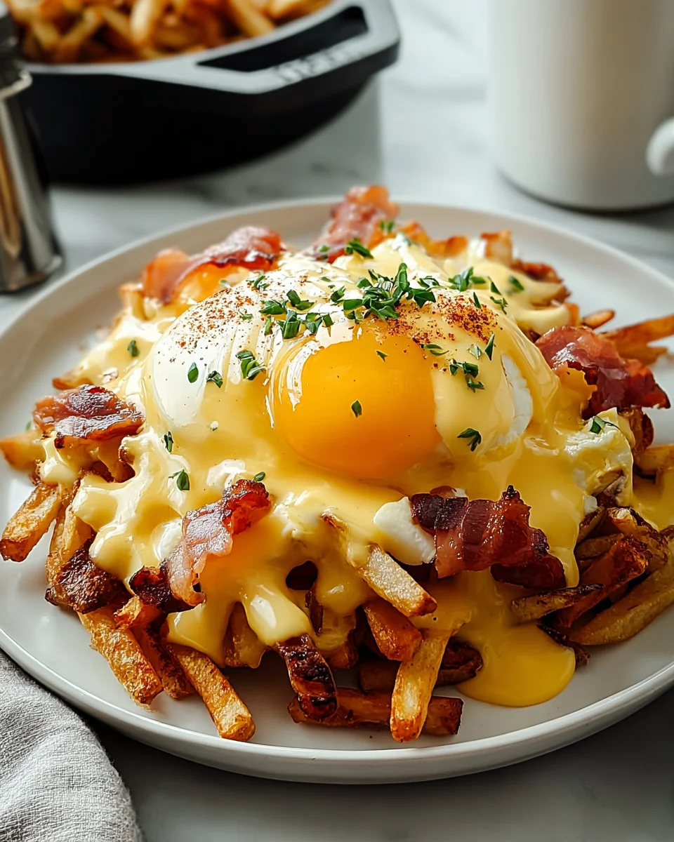 Köstliche Frühstücks Poutine mit cremiger Hollandaise.