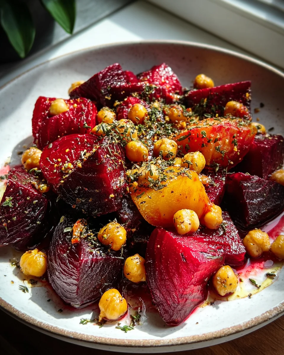 Leckere Geroestete Rote Bete mit Knoblauch & Kichererbsen