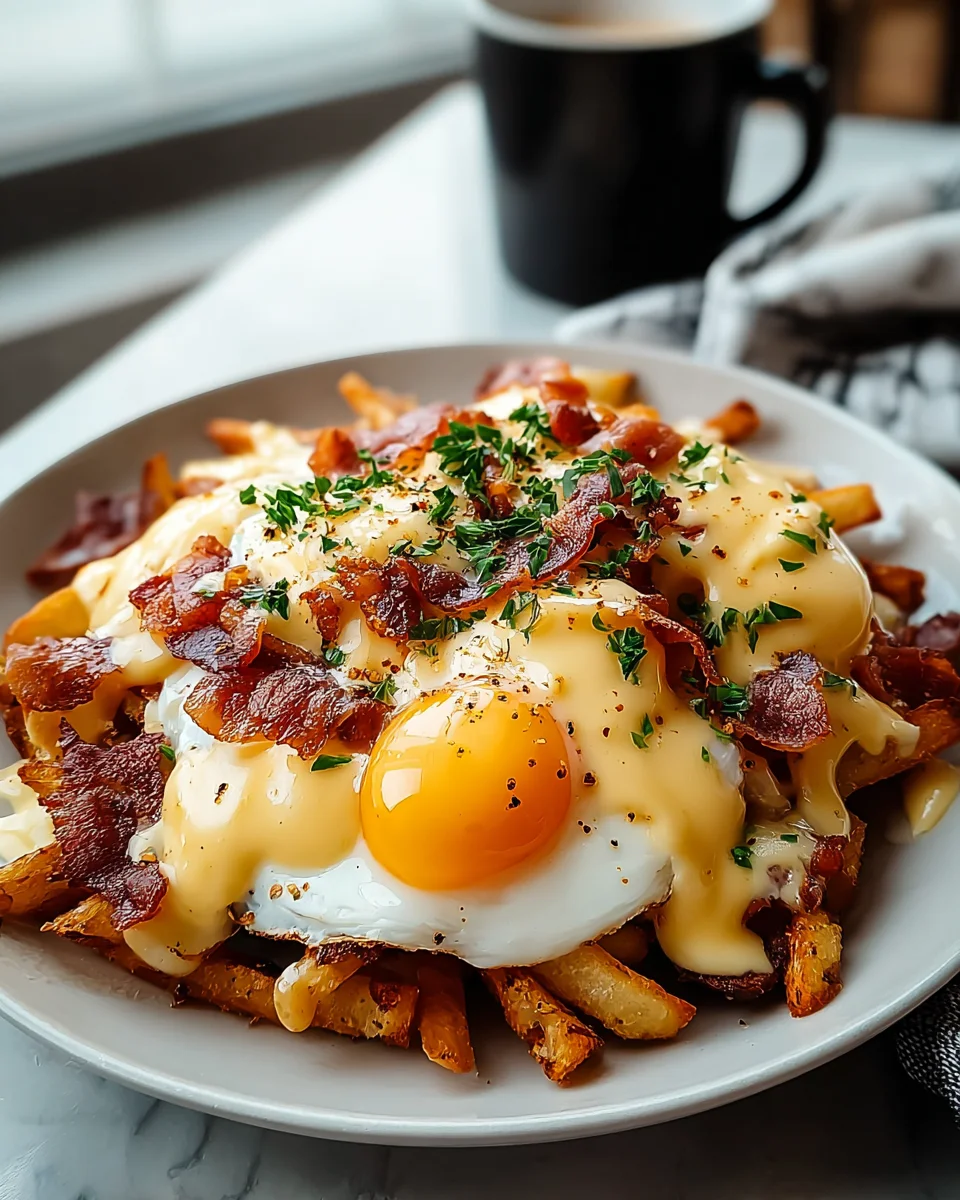 Köstliche Frühstücks Poutine mit cremiger Hollandaise.
