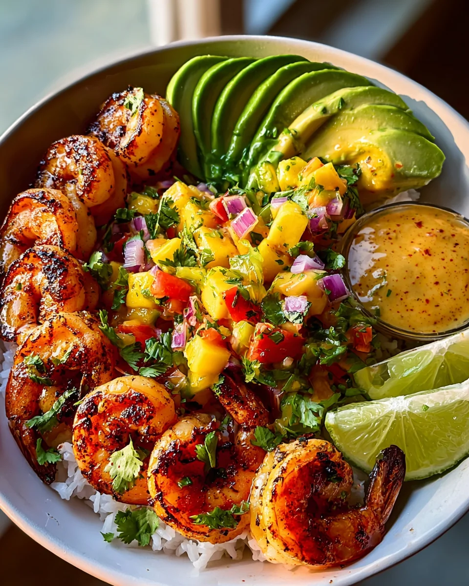 Shrimp-Avocado-Bowls mit Mango-Salsa und Limetten-Chili-Sauce