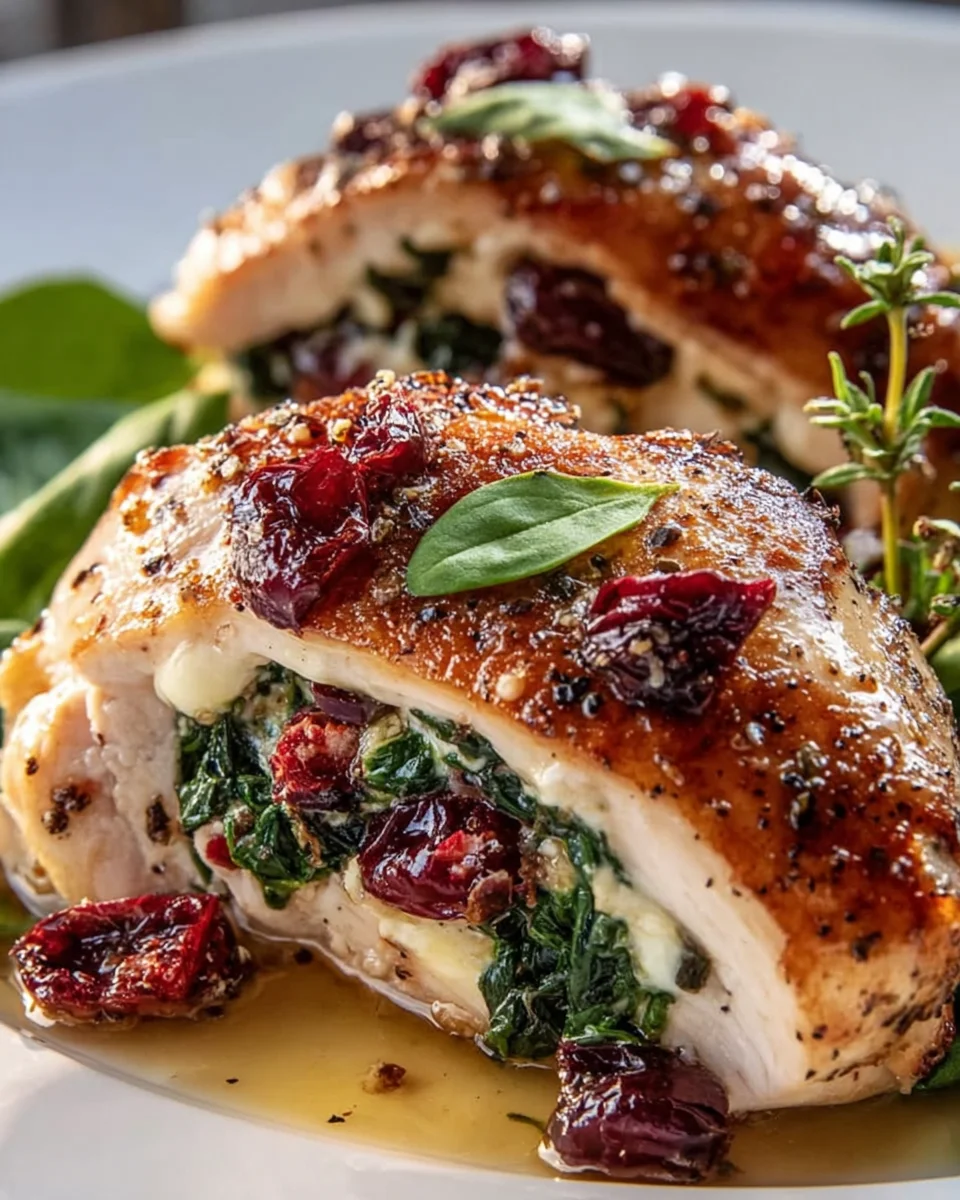 Leckeres gefülltes Hähnchen mit Brie, Spinat & Preiselbeere