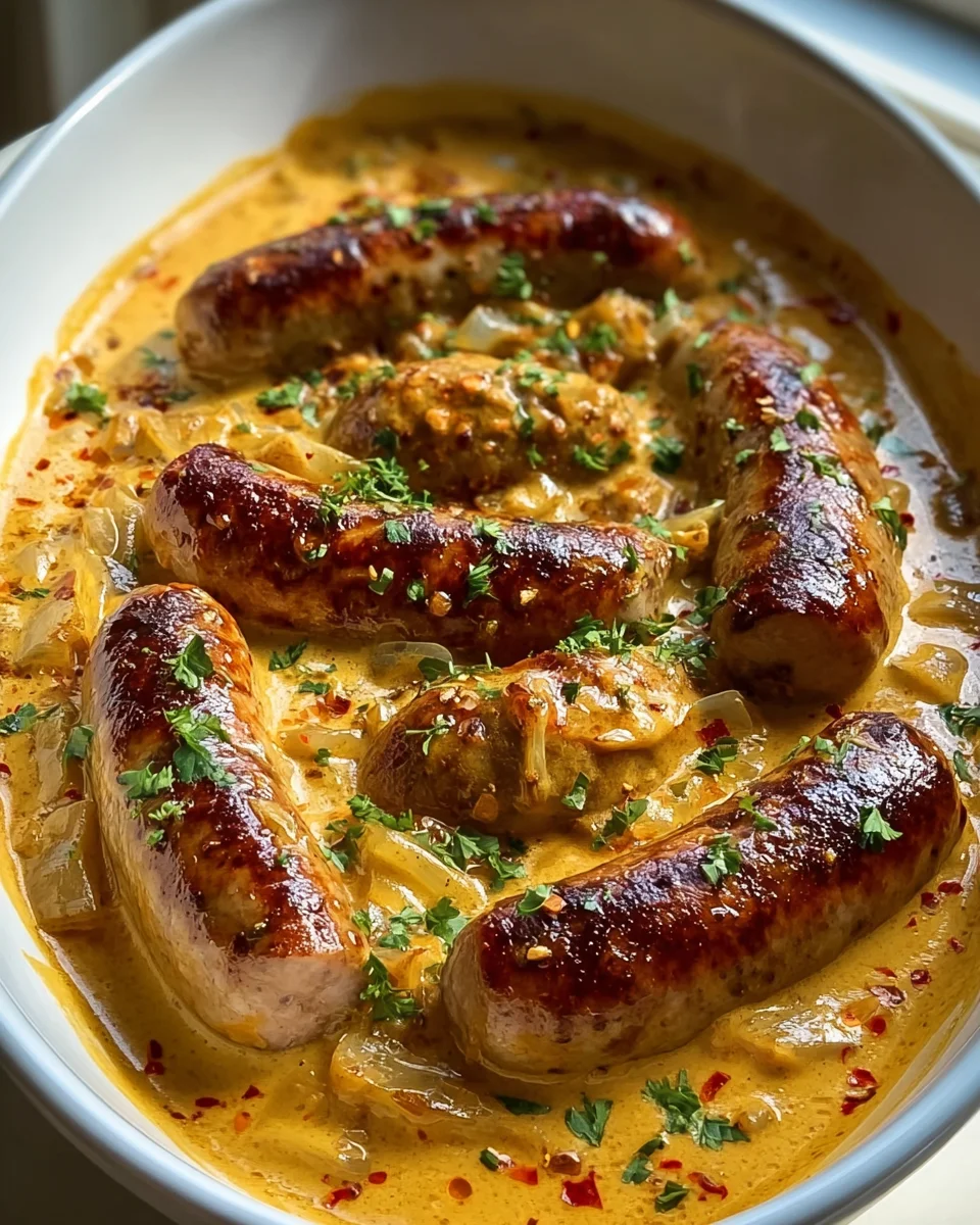 Herzhafte Rinderbratwurst in cremiger Zwiebel-Curry-Sauce