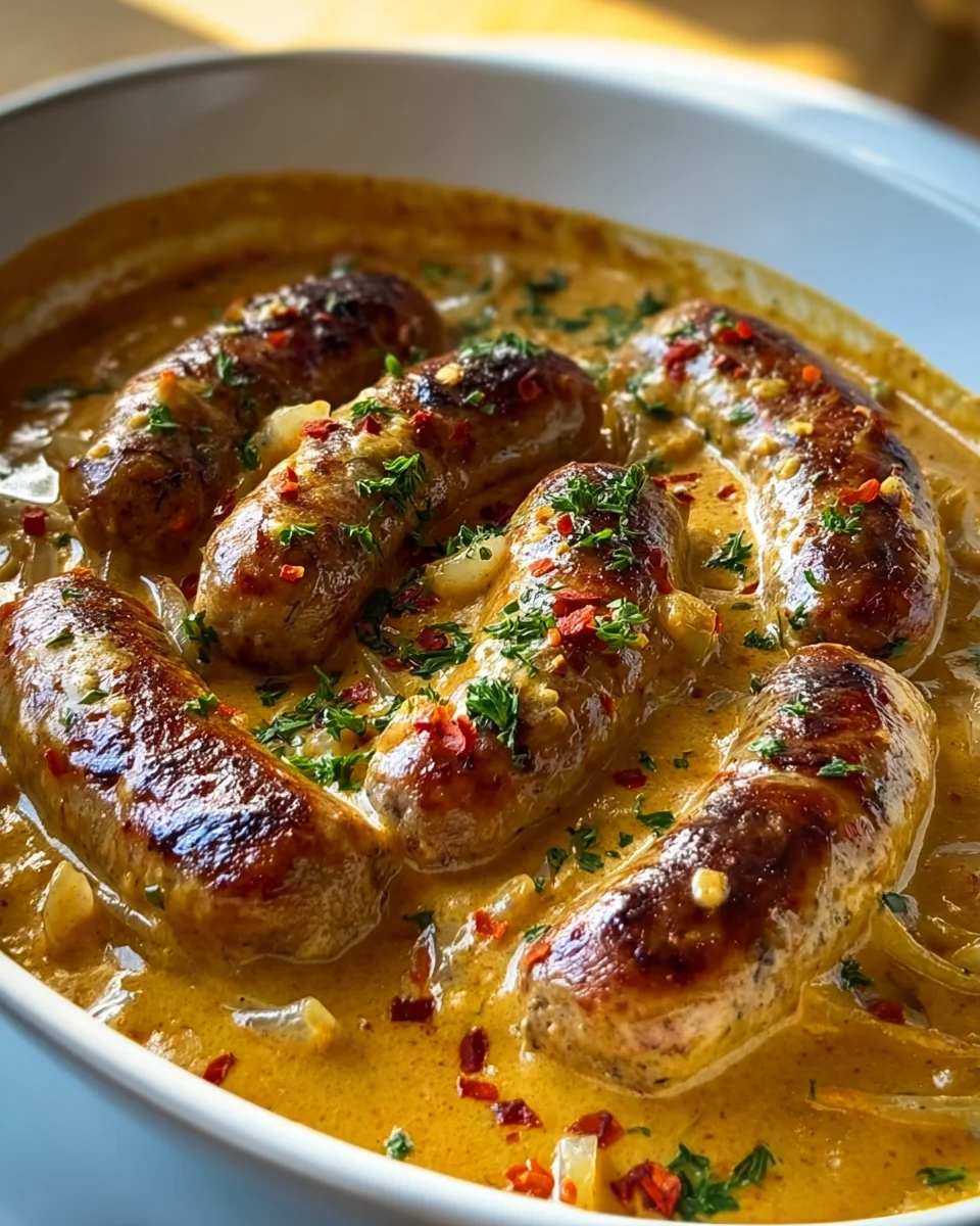 Herzhafte Rinderbratwurst in cremiger Zwiebel-Curry-Sauce