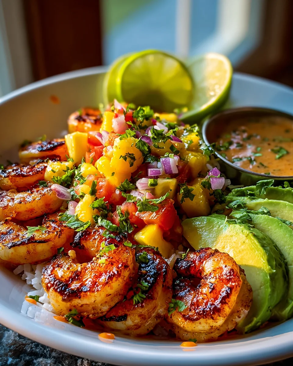 Shrimp-Avocado-Bowls mit Mango-Salsa und Limetten-Chili-Sauce
