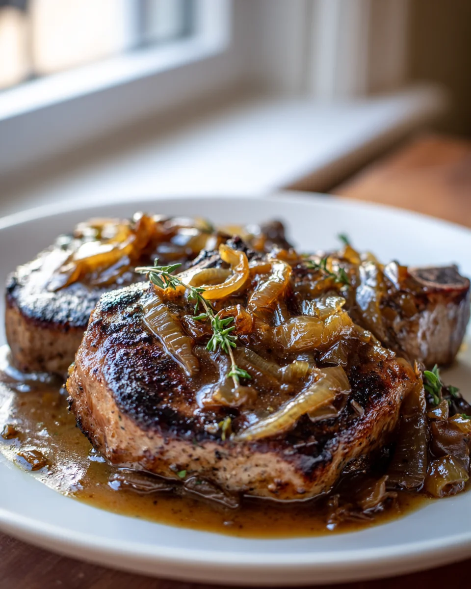 Französische Zwiebel-Rinderkoteletts, karam. Zwiebelsoße.