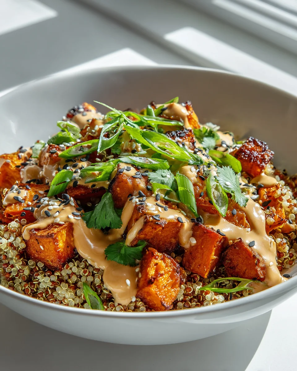 Gerösteter Süsskartoffel Quinoa Salat mit Sesam-Miso Sauce