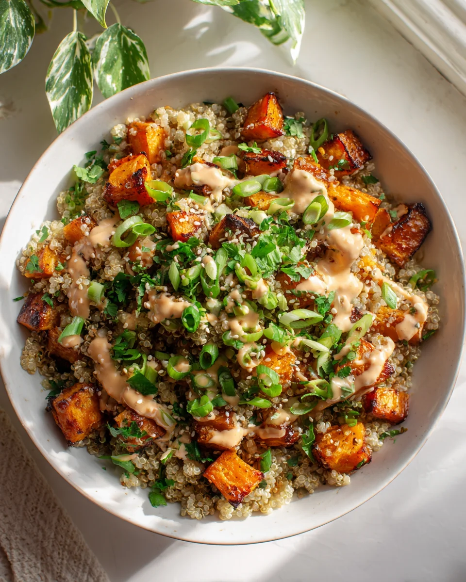 Gerösteter Süsskartoffel Quinoa Salat mit Sesam-Miso Sauce
