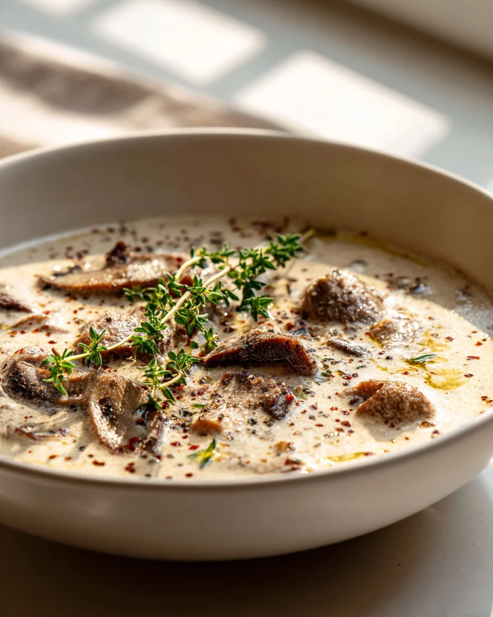 Cremige Rinder-Champignon Suppe mit Knoblauch und Thymian