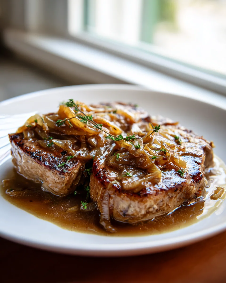 Französische Zwiebel-Rinderkoteletts, karam. Zwiebelsoße.