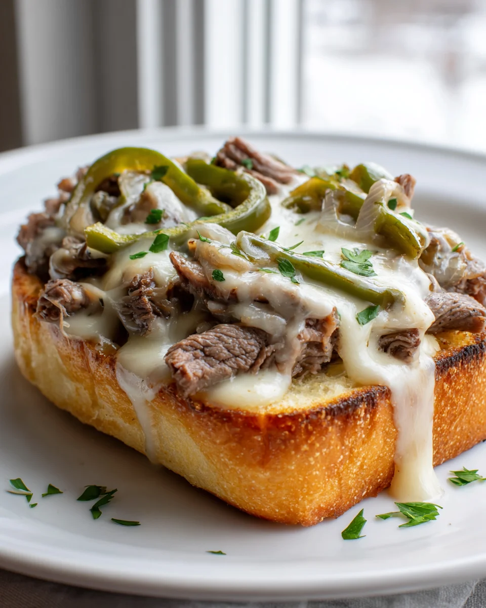 Köstliches Offenes Cheesesteak Sandwich mit Knoblauchbrot