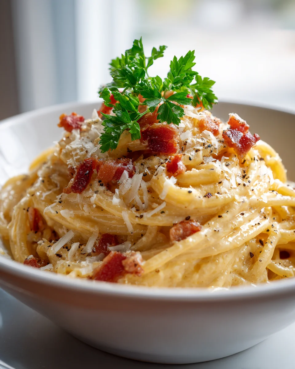 Cremige Carbonara Pasta Bowl: Rind & Parmesan Pur