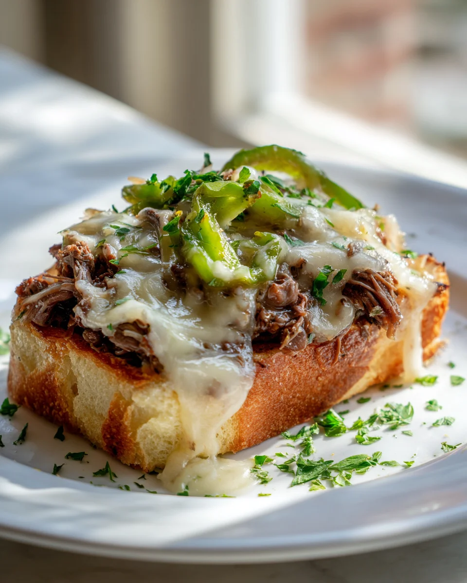 Köstliches Offenes Cheesesteak Sandwich mit Knoblauchbrot
