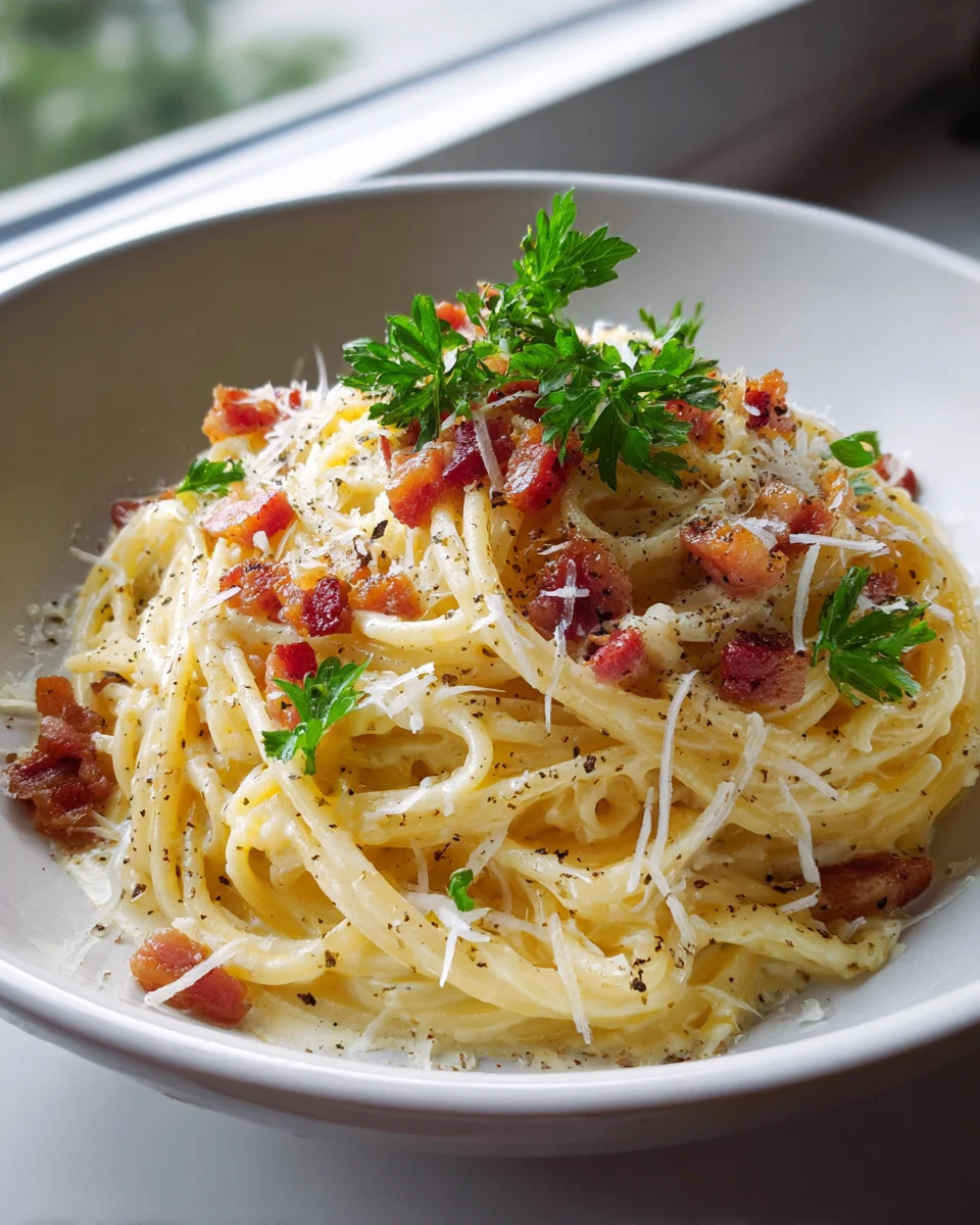 Cremige Carbonara Pasta Bowl: Rind & Parmesan Pur