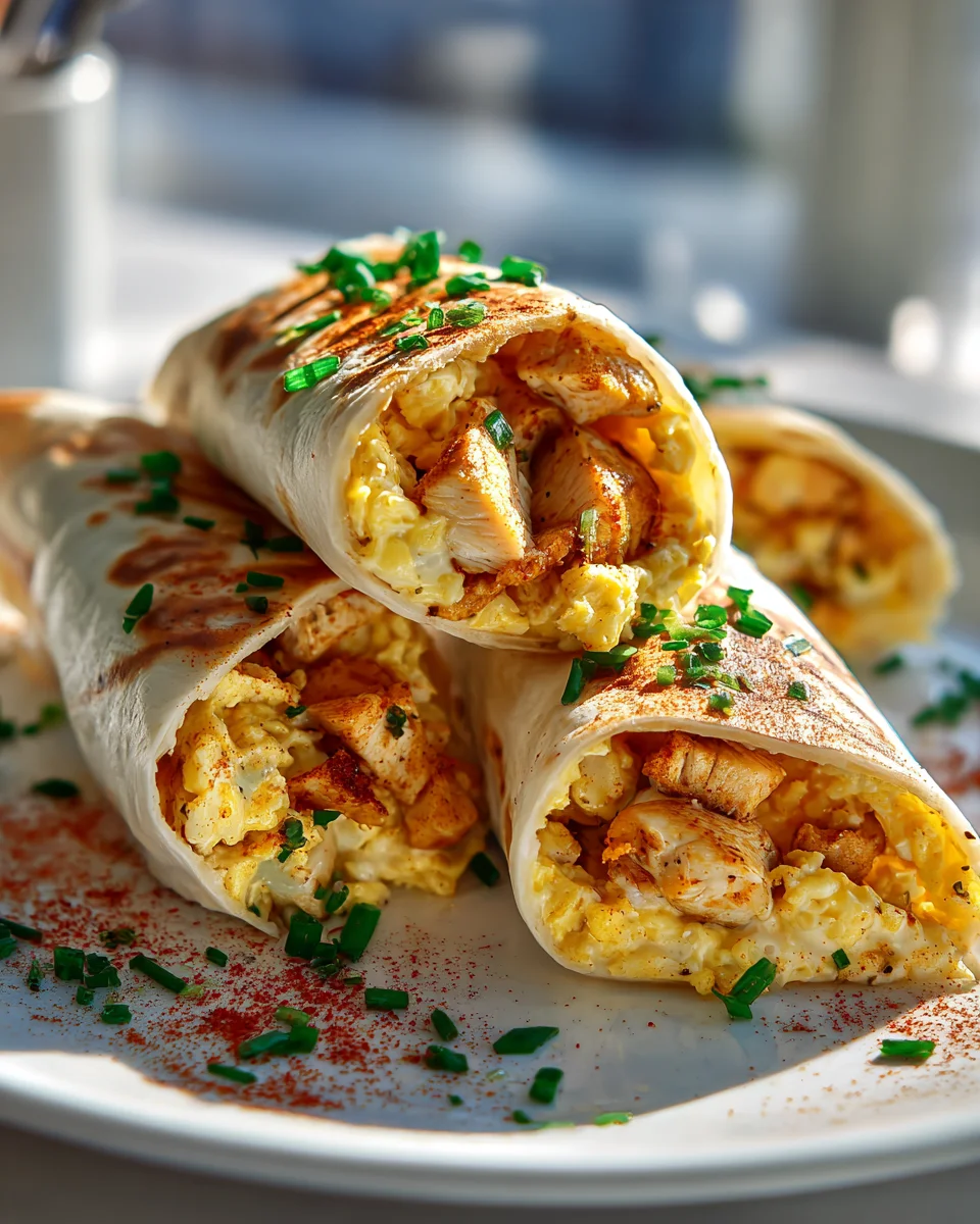 Cremige Käse-Knoblauch Hähnchen Frühstücks-Wraps mit Rührei