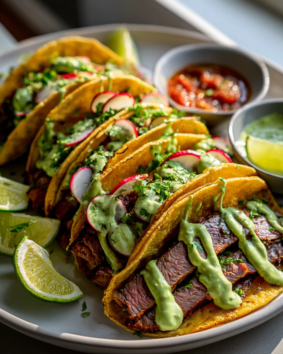 Saftige Flank Steak Tacos mit Avocado-Limetten-Crema