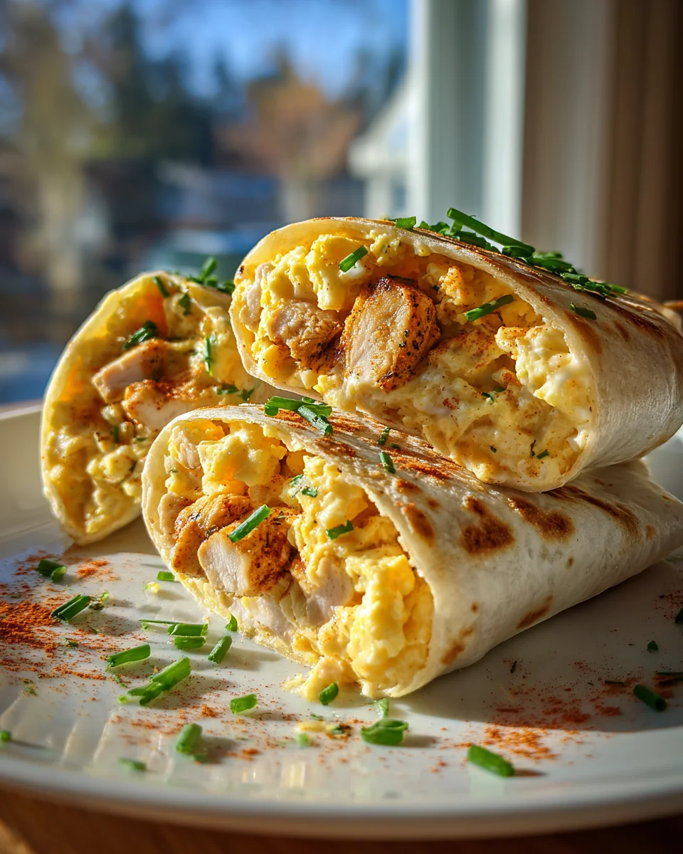 Cremige Käse-Knoblauch Hähnchen Frühstücks-Wraps mit Rührei