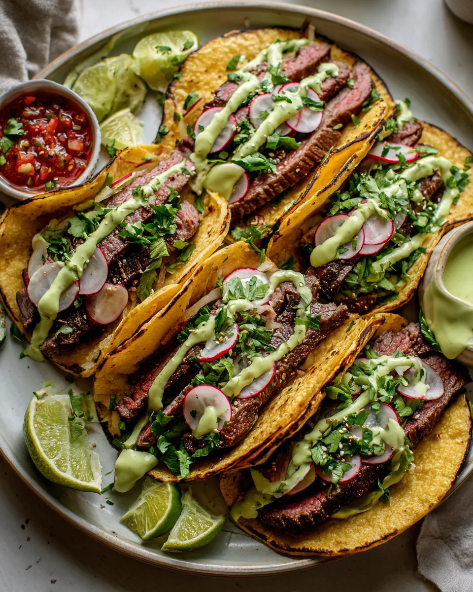 Saftige Flank Steak Tacos mit Avocado-Limetten-Crema