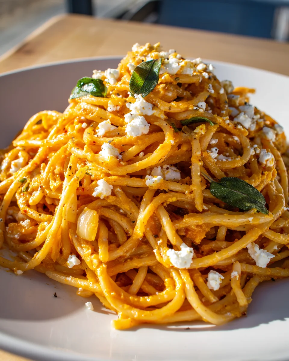 Aromatische Pasta mit Kürbis, Feta-Creme und Knoblauch