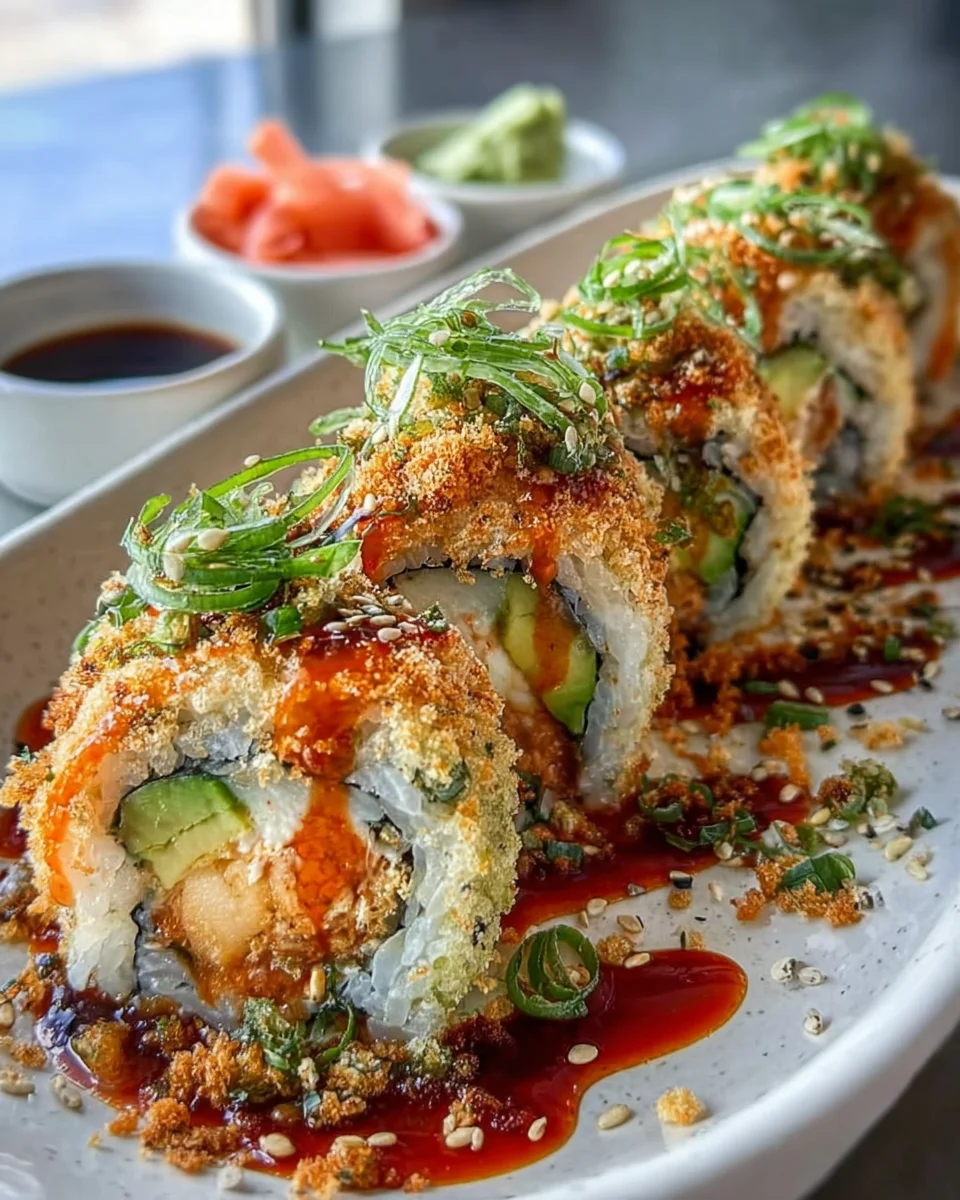 Würziger Volcano Roll mit Avocado und knusprigen Tempura Bits
