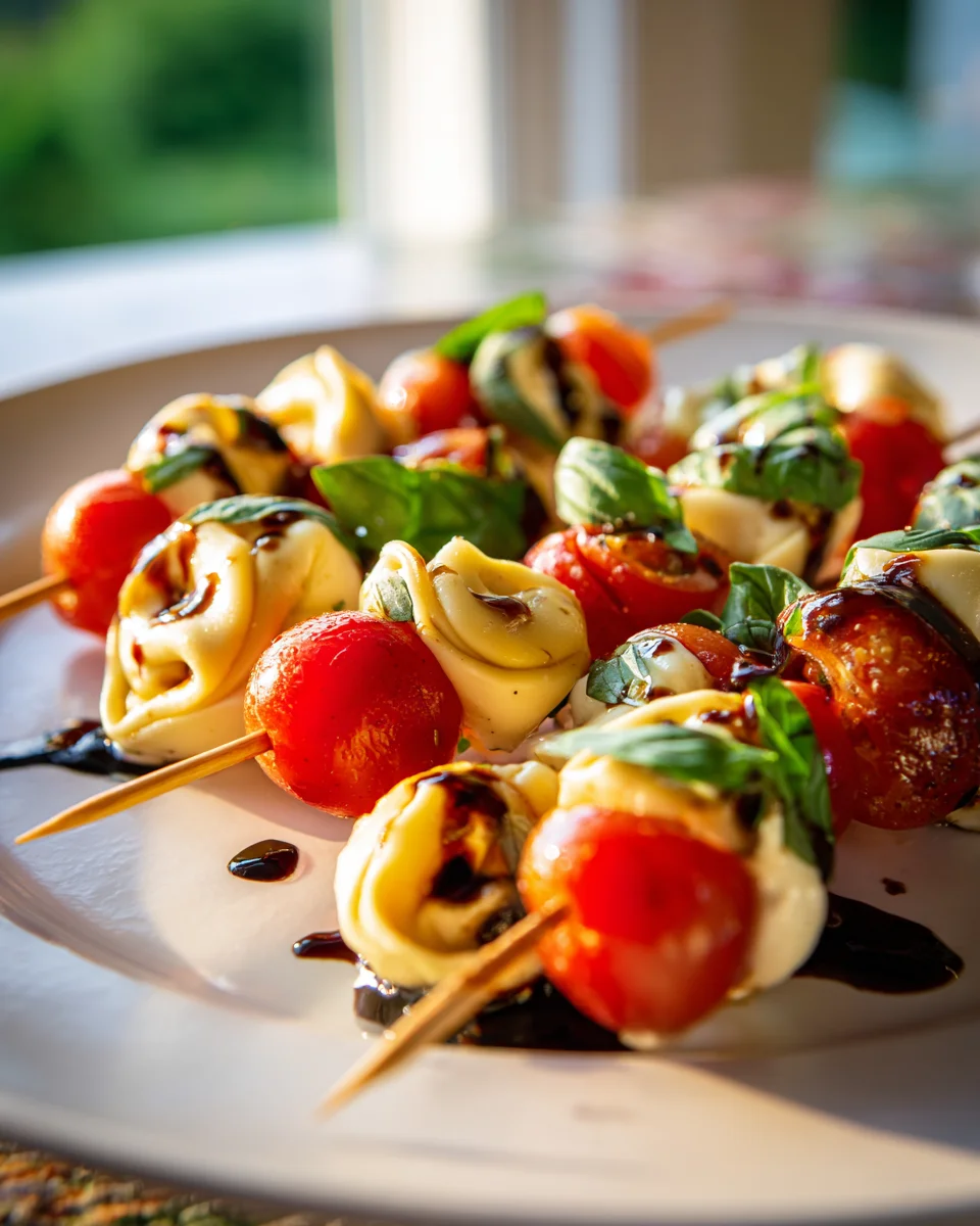 Sommerliche Caprese Tortellini Spieße mit Balsamico-Glasur