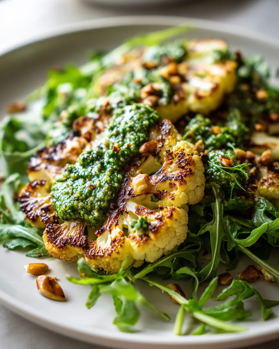 Knusprige Blumenkohl Steaks mit Mandel Pesto & Rucola