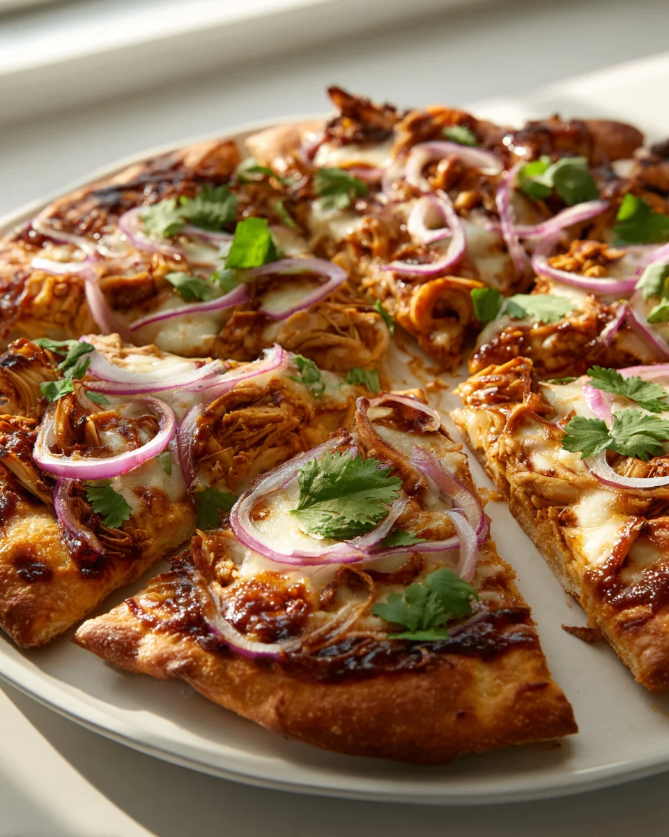 BBQ Hähnchen Pizza: Knusprig & würzig mit roten Zwiebeln
