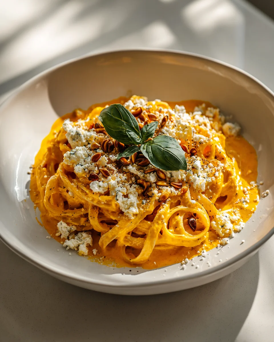 Kürbis-Feta-Pasta: Cremig, aromatisch, mit knusprigen Kernen