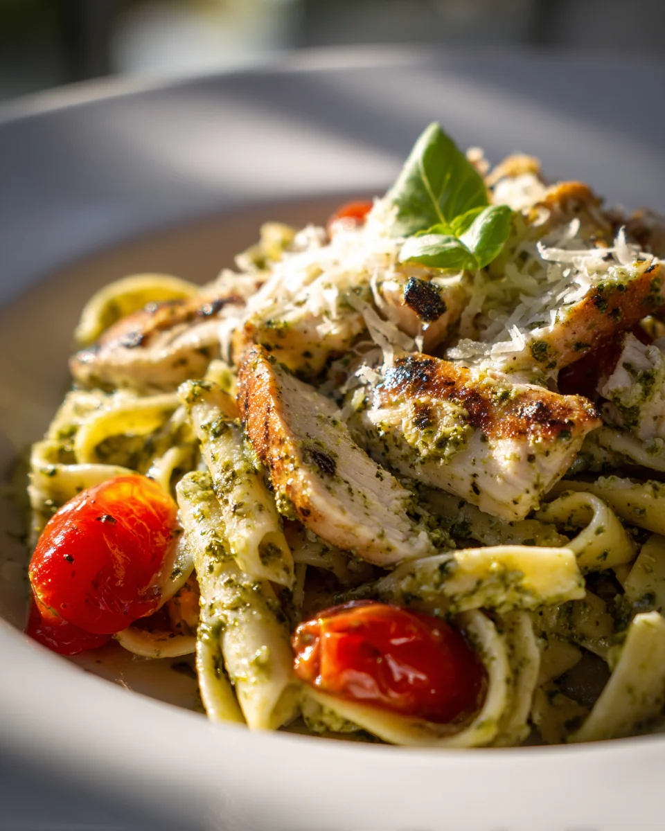 Aromatische Pesto Hähnchen Pasta mit süßen Kirschtomaten