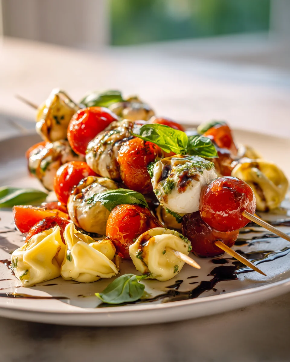 Sommerliche Caprese Tortellini Spieße mit Balsamico-Glasur