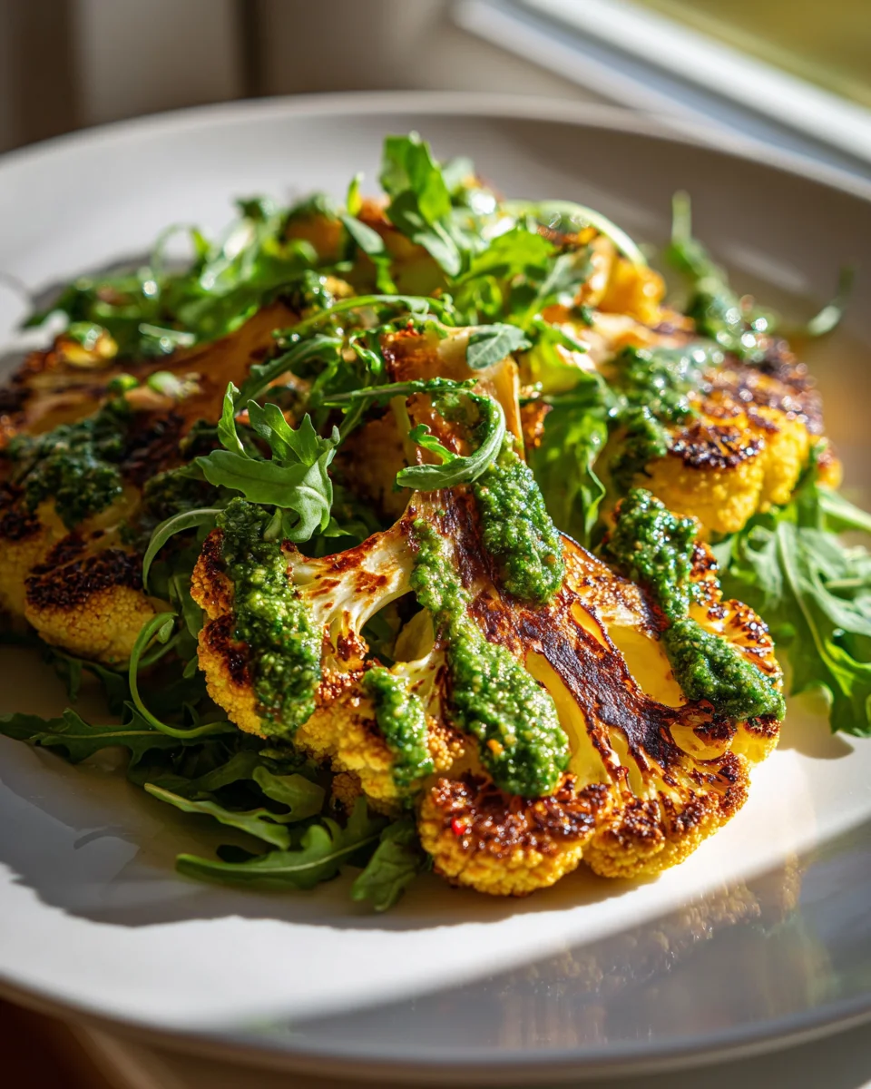 Knusprige Blumenkohl Steaks mit Mandel Pesto & Rucola