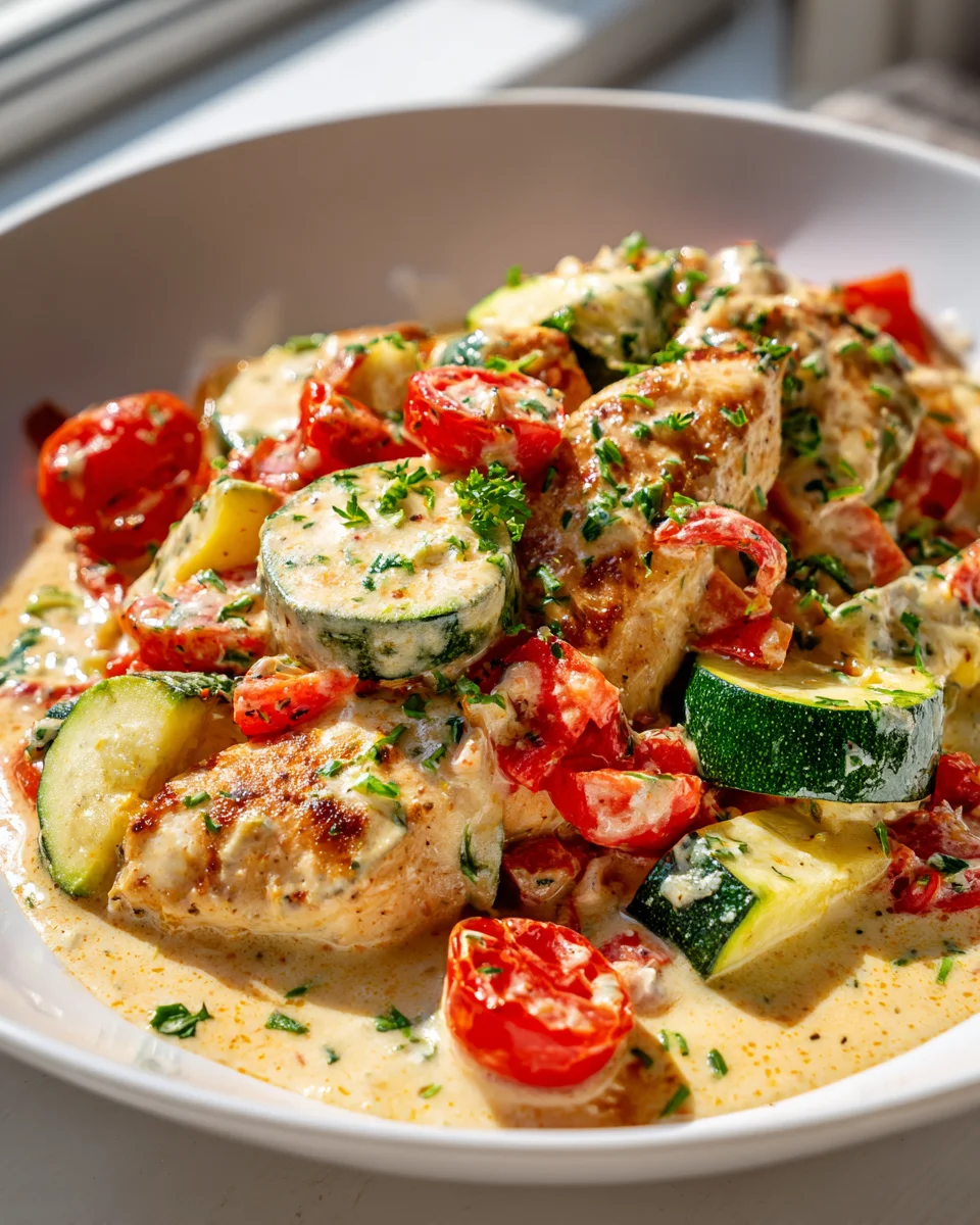 Cremige Boursin Hähnchen Pfanne mit frischem Gemüse
