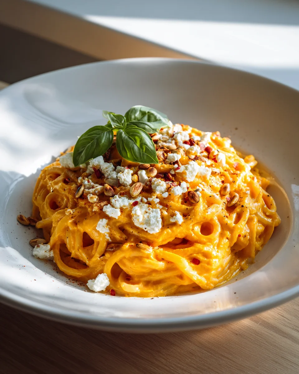 Kürbis-Feta-Pasta: Cremig, aromatisch, mit knusprigen Kernen