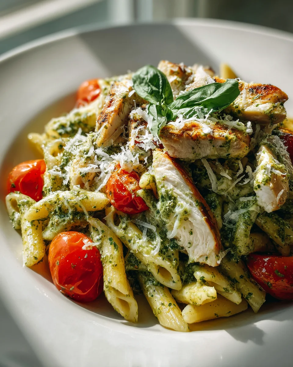Aromatische Pesto Hähnchen Pasta mit süßen Kirschtomaten