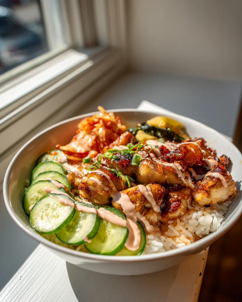 Scharfe Honig-Hähnchen-Bowls aromatisch & Yum Yum Sauce