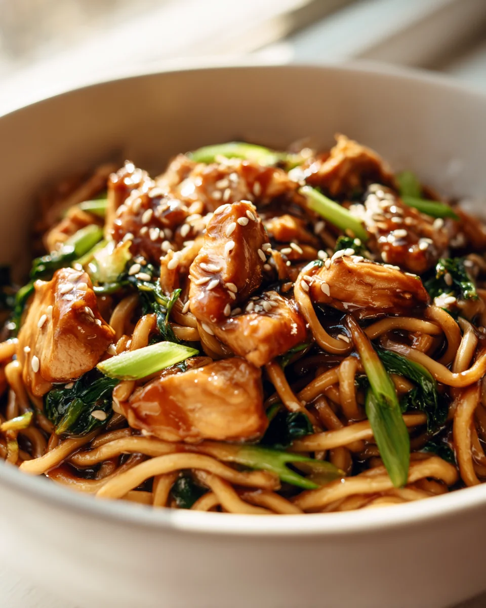 Leckere Hähnchen Teriyaki Nudeln mit Sesam & Frühlingszwiebeln